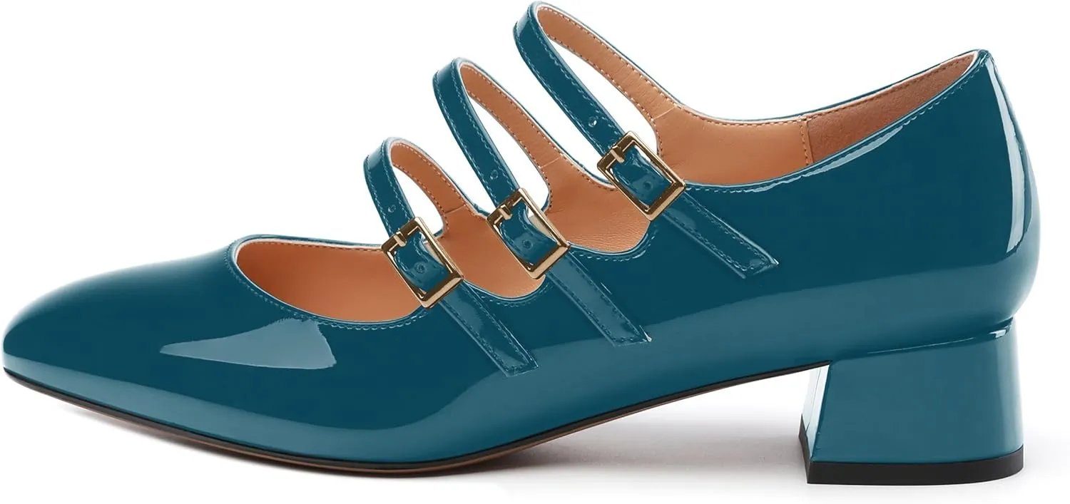 Womens Closed Square Toe Low Chunky Heels for Women Ladies Patent Leather Three Strap Mary Jane Pumps Wedding Party Office Dress Shoes