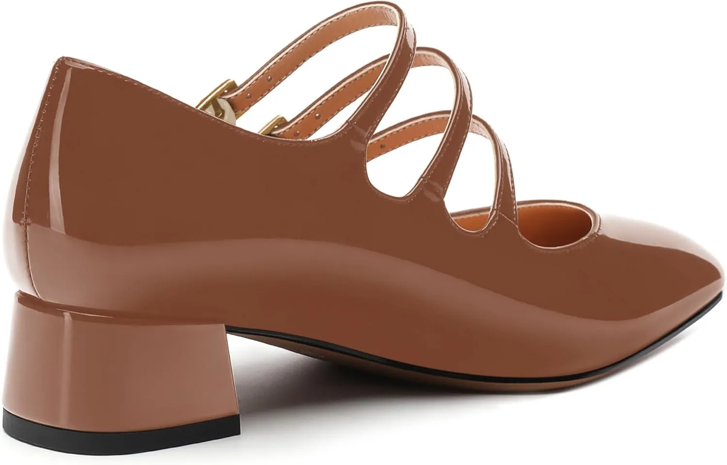 Womens Closed Square Toe Low Chunky Heels for Women Ladies Patent Leather Three Strap Mary Jane Pumps Wedding Party Office Dress Shoes