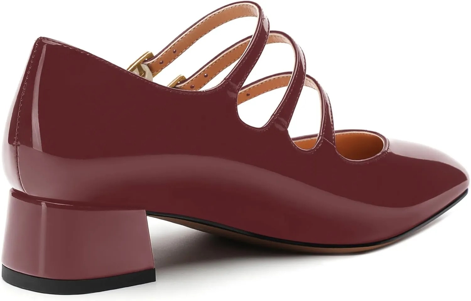 Womens Closed Square Toe Low Chunky Heels for Women Ladies Patent Leather Three Strap Mary Jane Pumps Wedding Party Office Dress Shoes