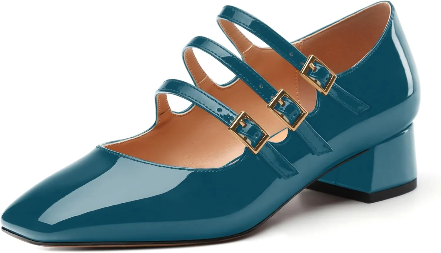 Womens Closed Square Toe Low Chunky Heels for Women Ladies Patent Leather Three Strap Mary Jane Pumps Wedding Party Office Dress Shoes