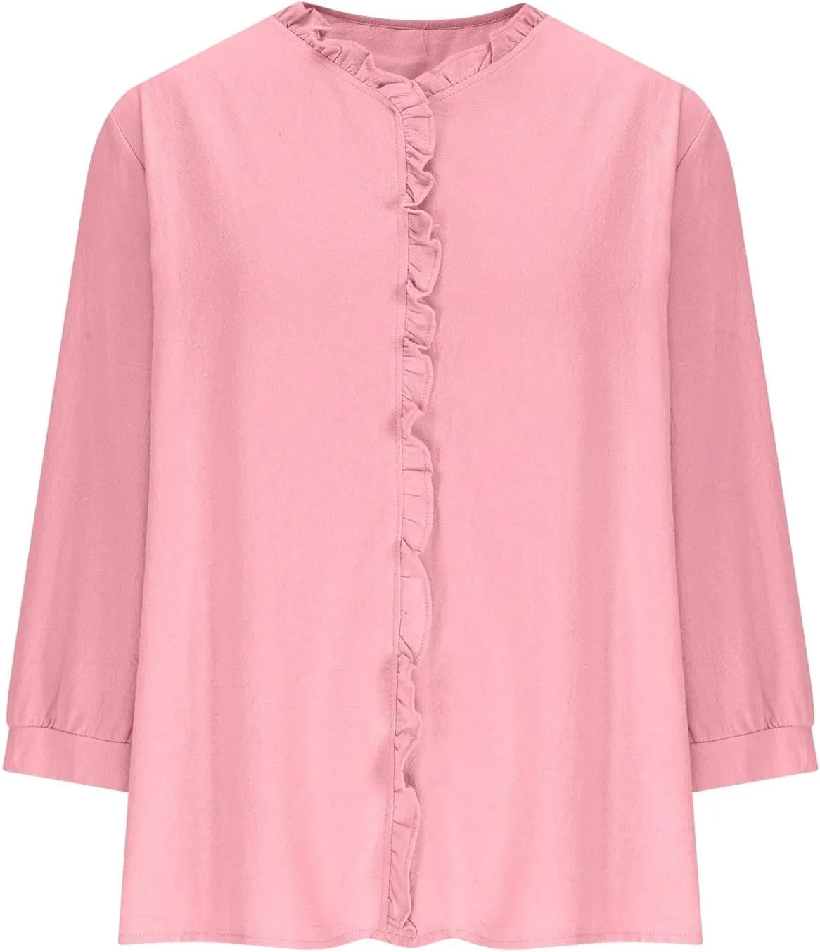 Women's Cotton Linen Shirts V Neck Ruffle Solid Color Loose Blouse 3/4 Sleeve Summer 2025 Trendy Casual Shirt Tops