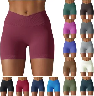 Women'S Crossover Athletic Shorts 2024 Trendy Summer High Waisted Workout Biker Shorts Solid Stretchy Yoga Shorts
