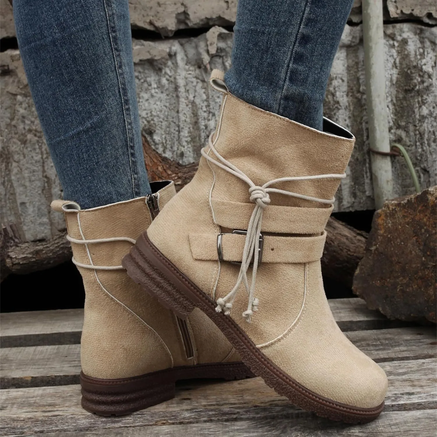 Womens Dress Bo_ots Low He_el Comfortable Mid_Calf Riding Winter bo_ots Motorcycle Combat Military Biker Ankle bo_oties