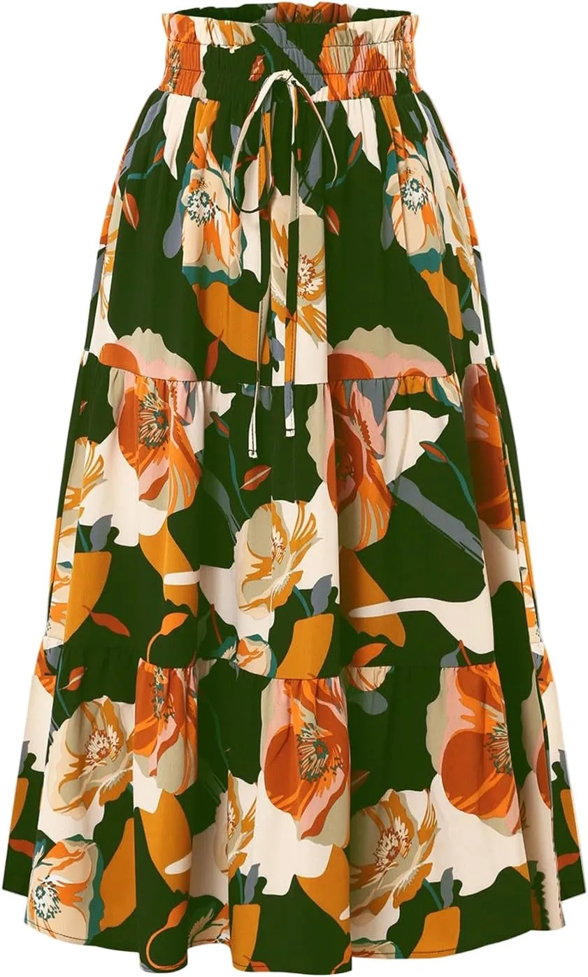 Women's Elastic High Waist Floral Print Tie Knot Pleated Flared Boho A-Line Midi Skirts, S-XL