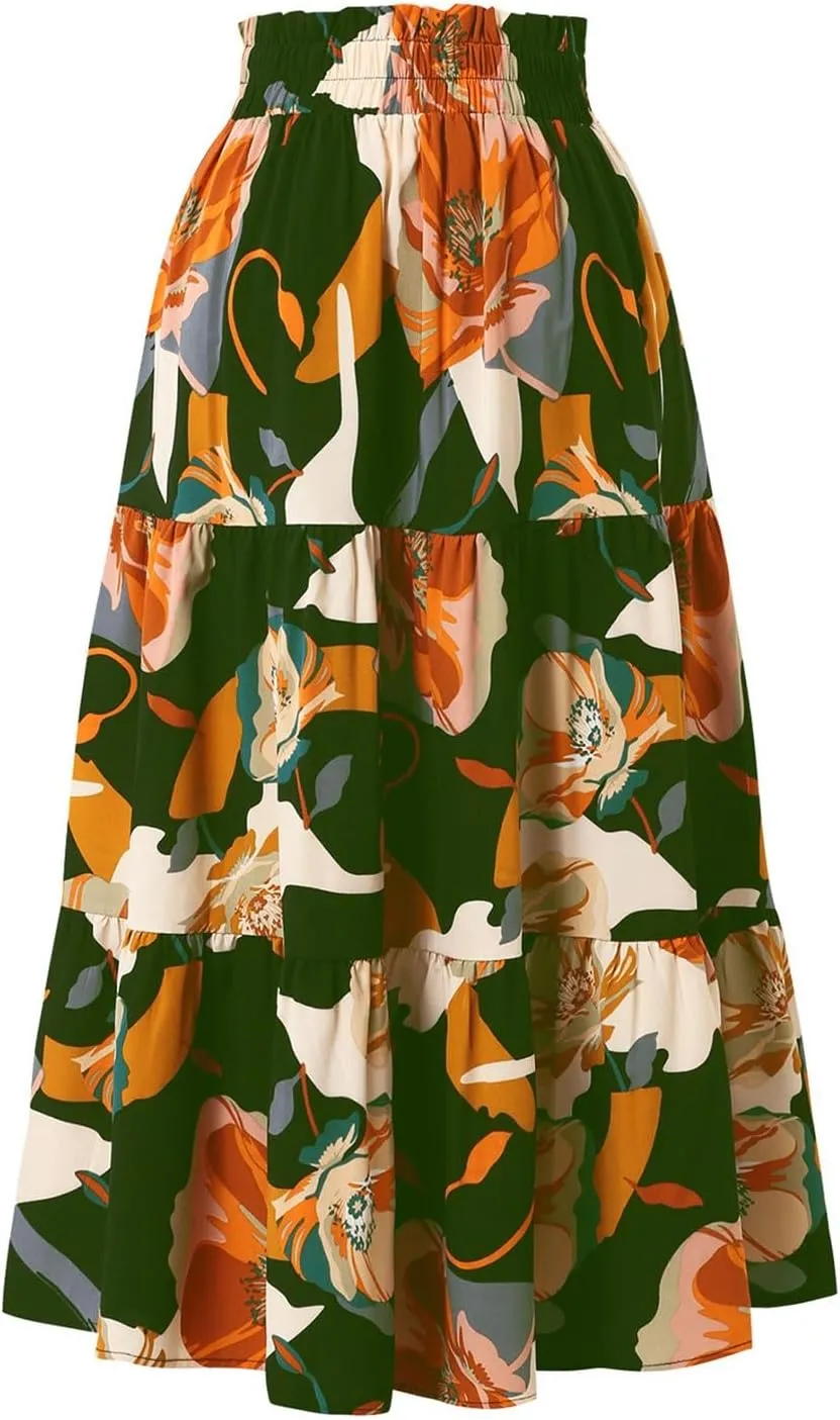 Women's Elastic High Waist Floral Print Tie Knot Pleated Flared Boho A-Line Midi Skirts, S-XL