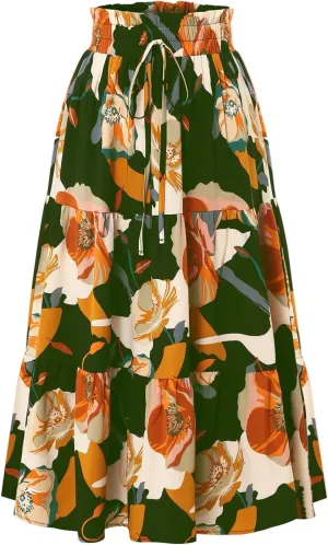 Women's Elastic High Waist Floral Print Tie Knot Pleated Flared Boho A-Line Midi Skirts, S-XL