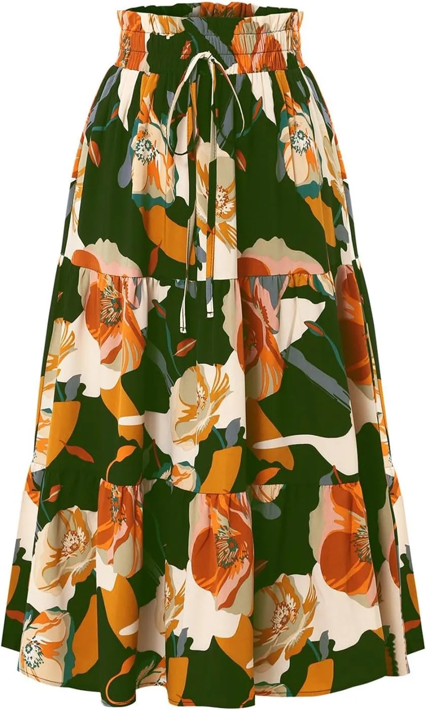 Women's Elastic High Waist Floral Print Tie Knot Pleated Flared Boho A-Line Midi Skirts, S-XL