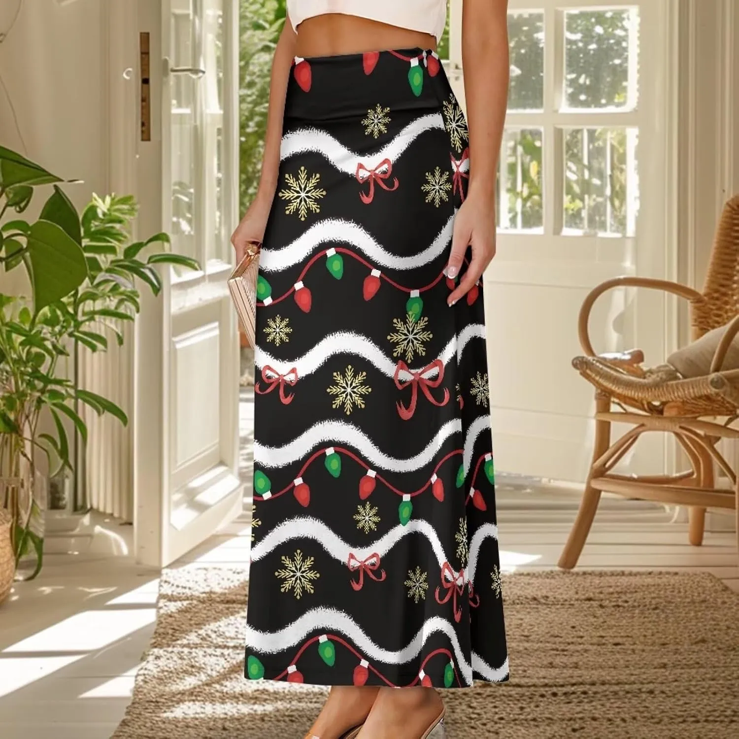 Women's Elastic High Waist Pleated Midi Skirt A-Line Flowy Swing Tiered Skirts