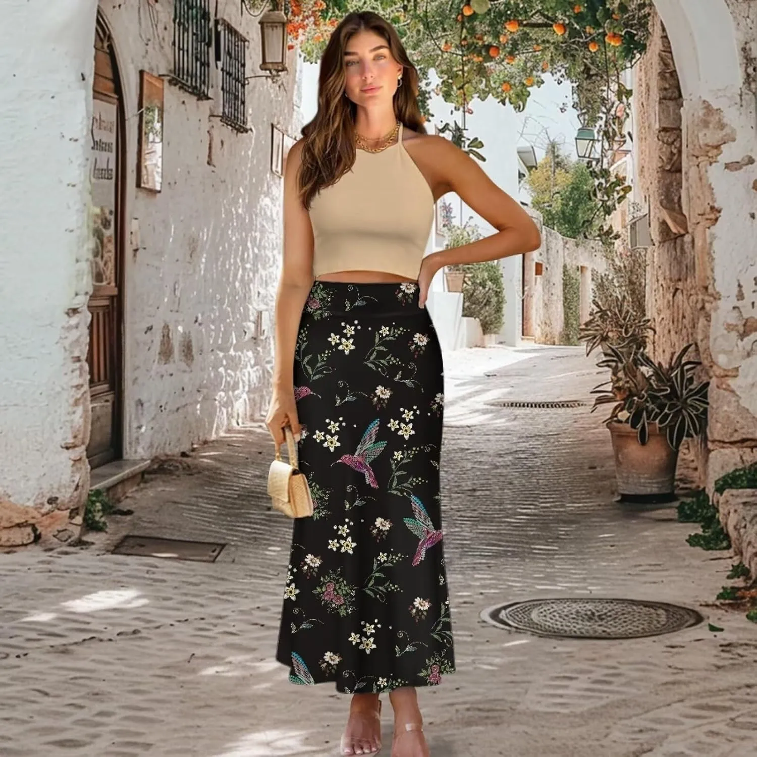 Women's Elastic High Waist Pleated Midi Skirt A-Line Flowy Swing Tiered Skirts