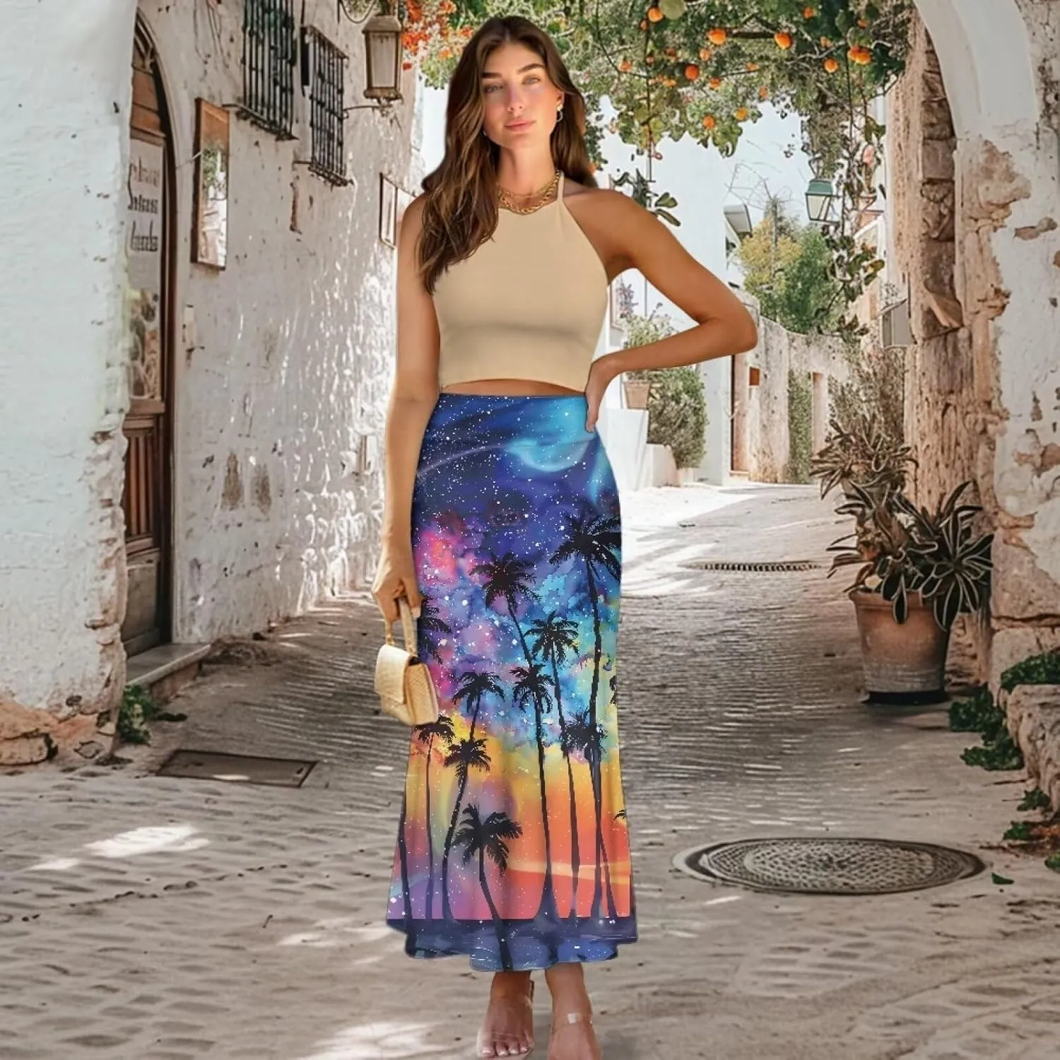 Women's Elastic High Waist Pleated Midi Skirt A-Line Flowy Swing Tiered Skirts