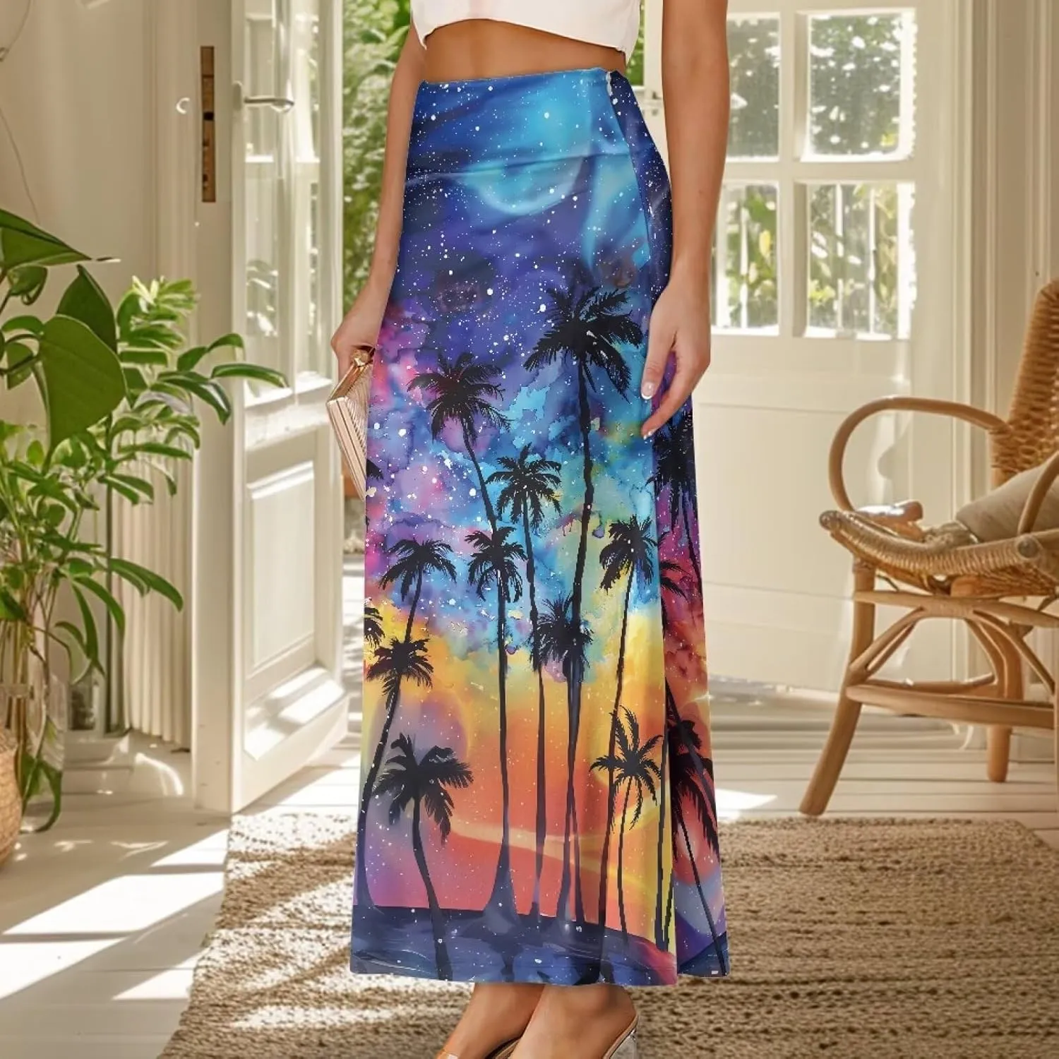 Women's Elastic High Waist Pleated Midi Skirt A-Line Flowy Swing Tiered Skirts