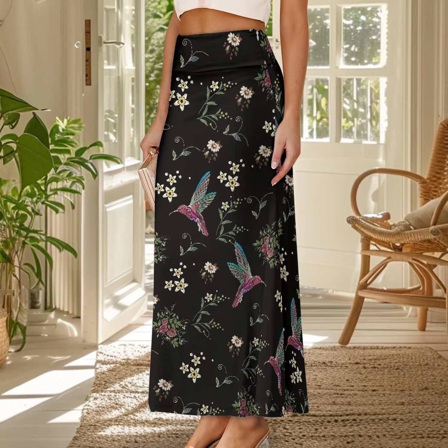 Women's Elastic High Waist Pleated Midi Skirt A-Line Flowy Swing Tiered Skirts