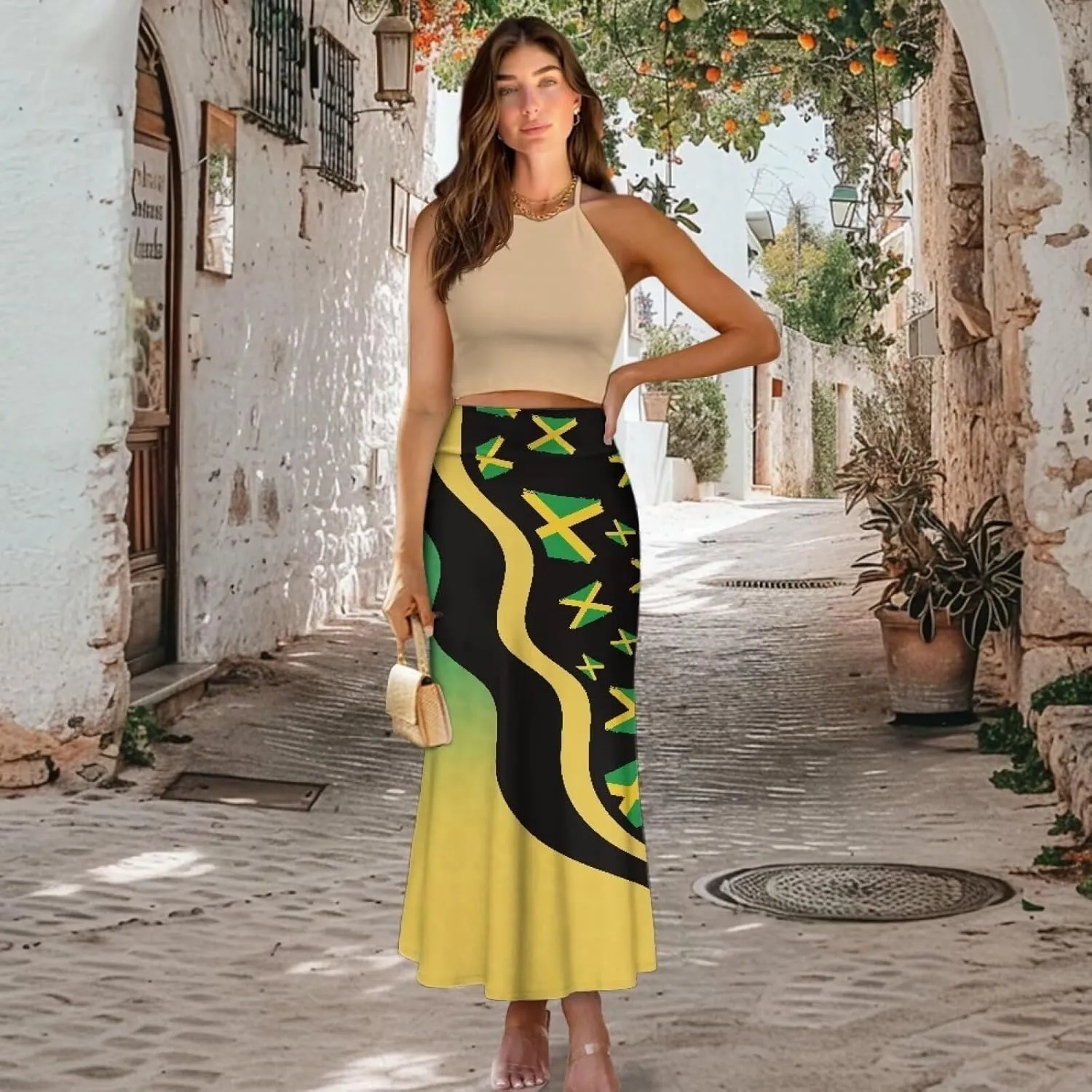 Women's Elastic High Waist Pleated Midi Skirt A-Line Flowy Swing Tiered Skirts