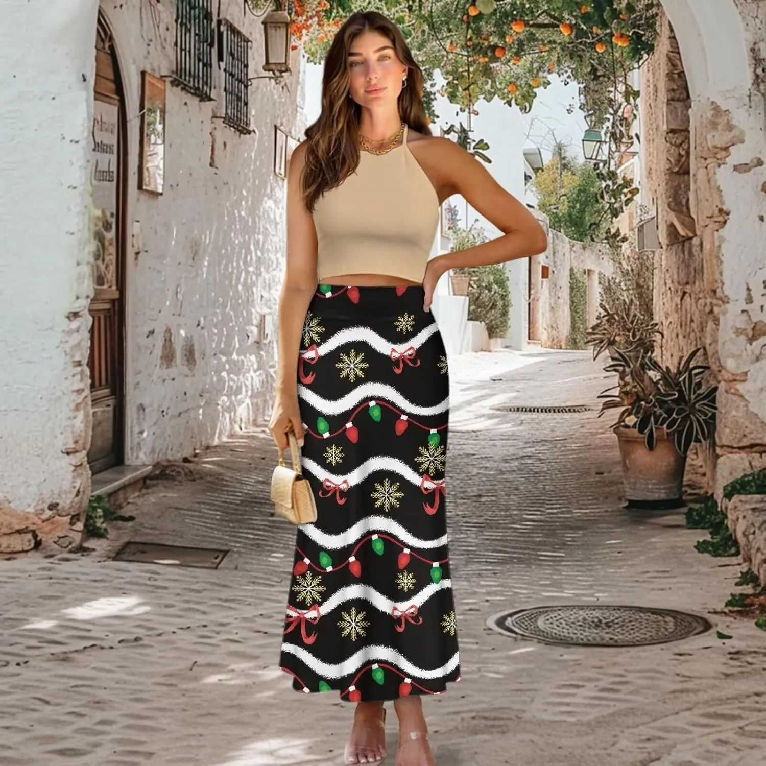 Women's Elastic High Waist Pleated Midi Skirt A-Line Flowy Swing Tiered Skirts