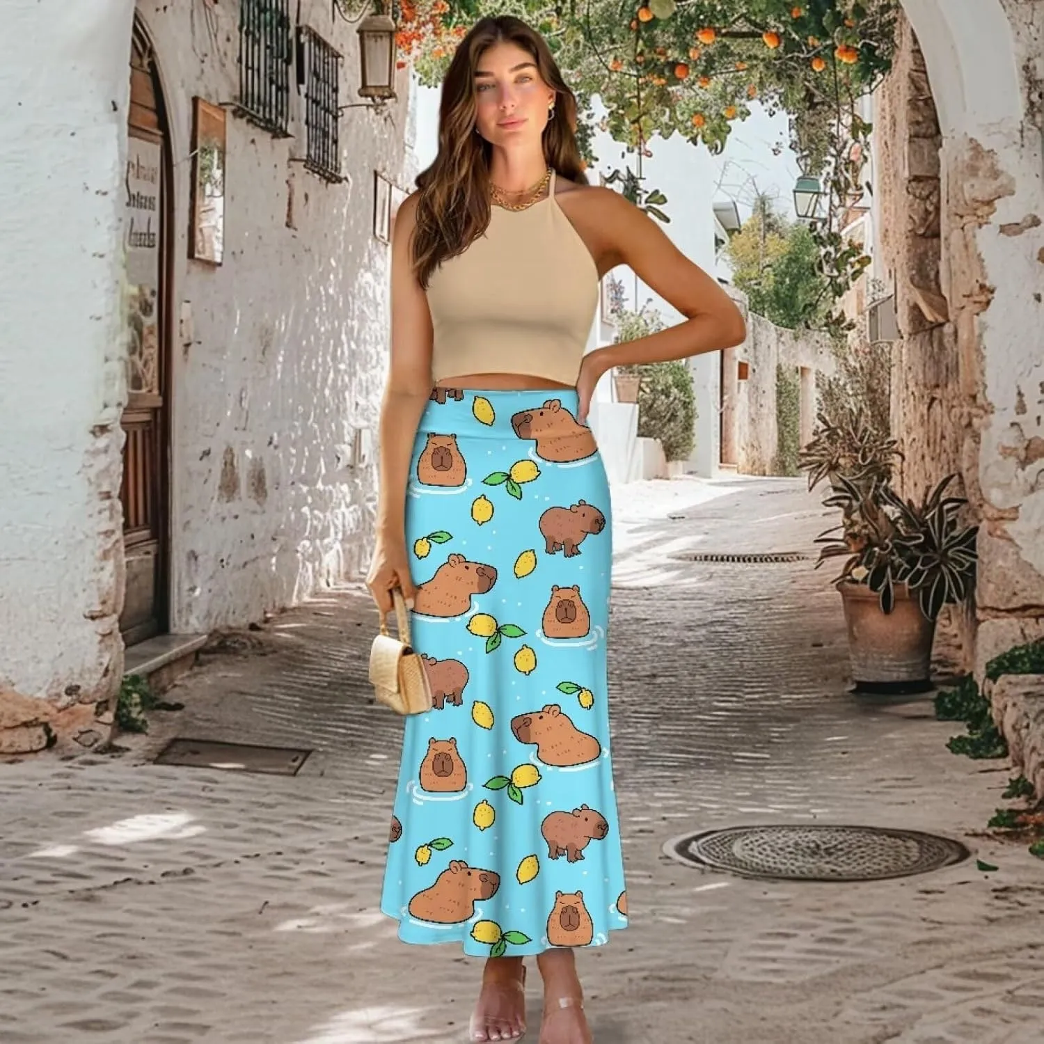 Women's Elastic High Waist Pleated Midi Skirt A-Line Flowy Swing Tiered Skirts
