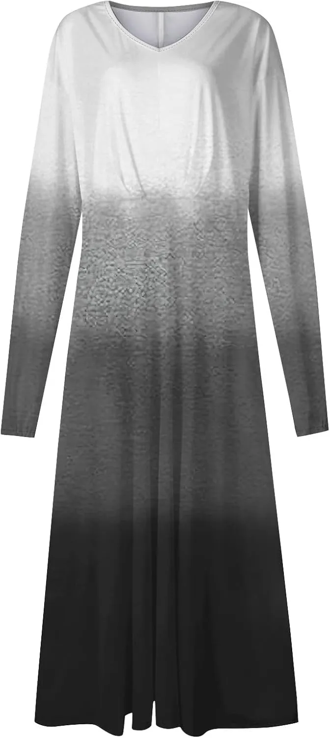 Womens Fall Winter Long Sleeve Trendy Ruched Flowy Floral Formal Midi Dresses Casual Sexy V Neck Elegant Dress