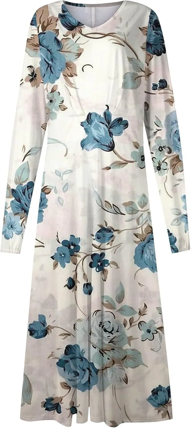 Womens Fall Winter Long Sleeve Trendy Ruched Flowy Floral Formal Midi Dresses Casual Sexy V Neck Elegant Dress