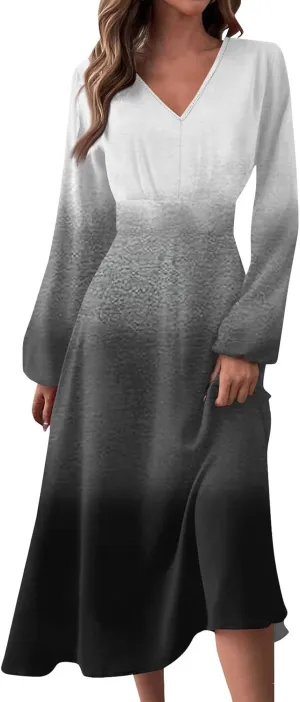 Womens Fall Winter Long Sleeve Trendy Ruched Flowy Floral Formal Midi Dresses Casual Sexy V Neck Elegant Dress