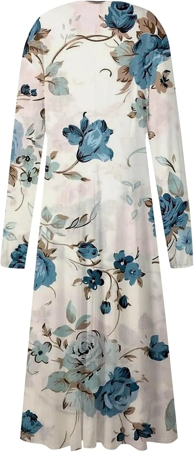 Womens Fall Winter Long Sleeve Trendy Ruched Flowy Floral Formal Midi Dresses Casual Sexy V Neck Elegant Dress