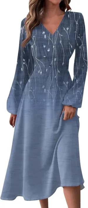 Womens Fall Winter Long Sleeve Trendy Ruched Flowy Floral Formal Midi Dresses Casual Sexy V Neck Elegant Dress