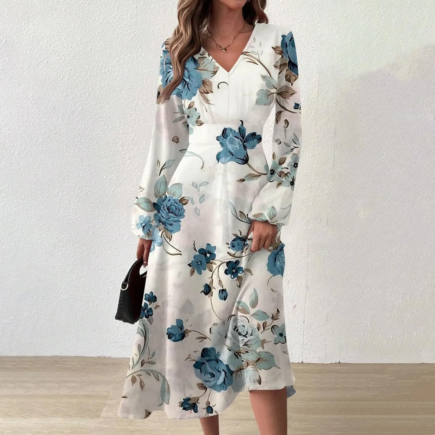 Womens Fall Winter Long Sleeve Trendy Ruched Flowy Floral Formal Midi Dresses Casual Sexy V Neck Elegant Dress