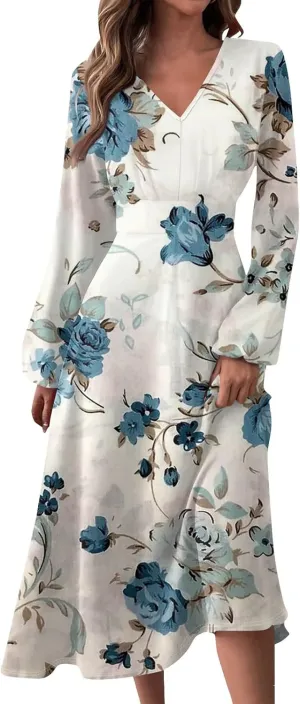 Womens Fall Winter Long Sleeve Trendy Ruched Flowy Floral Formal Midi Dresses Casual Sexy V Neck Elegant Dress