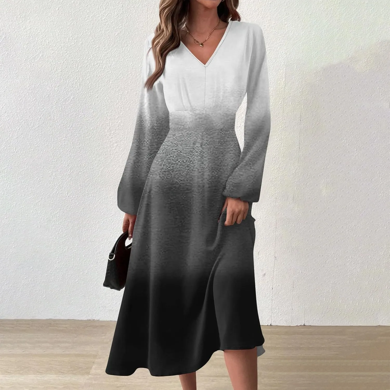 Womens Fall Winter Long Sleeve Trendy Ruched Flowy Floral Formal Midi Dresses Casual Sexy V Neck Elegant Dress