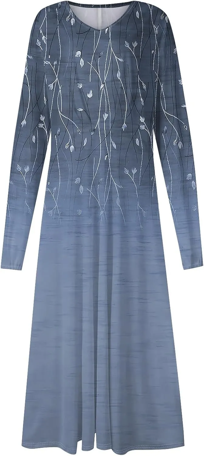 Womens Fall Winter Long Sleeve Trendy Ruched Flowy Floral Formal Midi Dresses Casual Sexy V Neck Elegant Dress