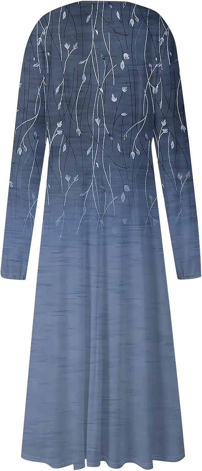 Womens Fall Winter Long Sleeve Trendy Ruched Flowy Floral Formal Midi Dresses Casual Sexy V Neck Elegant Dress