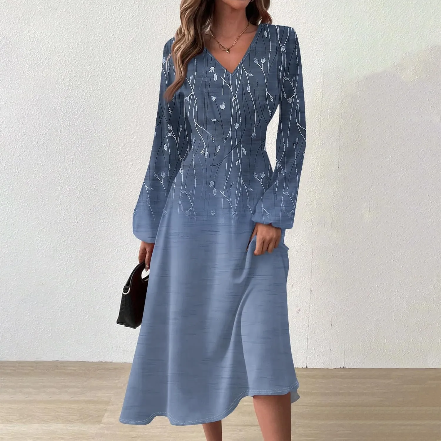 Womens Fall Winter Long Sleeve Trendy Ruched Flowy Floral Formal Midi Dresses Casual Sexy V Neck Elegant Dress