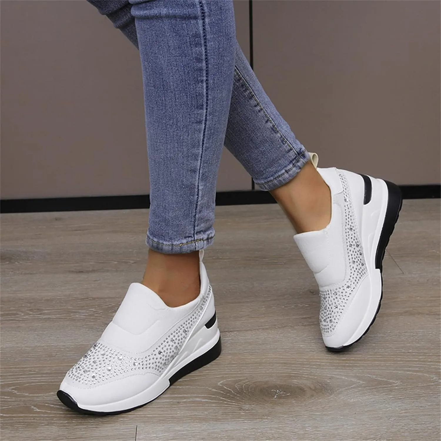 Women's Fashion Glitter Sneakers Sparkly Rhinestone Platform Wedge Shoes Mesh Breathable Slip-on Sneakers Comfortable Slip On Walking Shoes