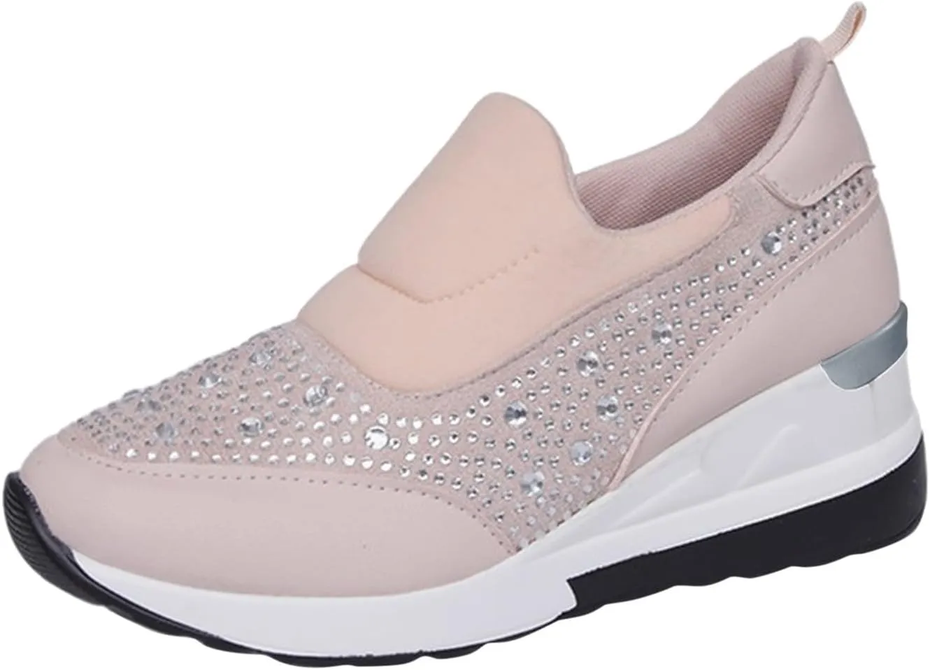 Women's Fashion Glitter Sneakers Sparkly Rhinestone Platform Wedge Shoes Mesh Breathable Slip-on Sneakers Comfortable Slip On Walking Shoes