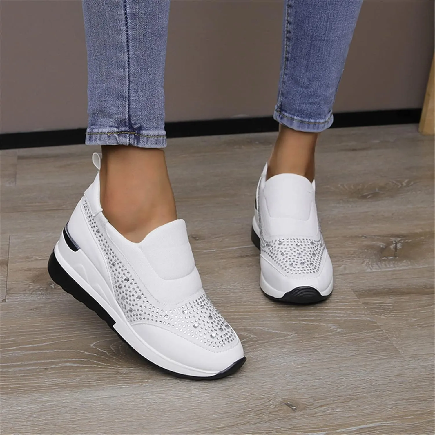 Women's Fashion Glitter Sneakers Sparkly Rhinestone Platform Wedge Shoes Mesh Breathable Slip-on Sneakers Comfortable Slip On Walking Shoes