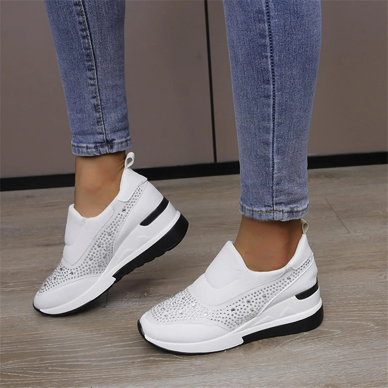 Women's Fashion Glitter Sneakers Sparkly Rhinestone Platform Wedge Shoes Mesh Breathable Slip-on Sneakers Comfortable Slip On Walking Shoes