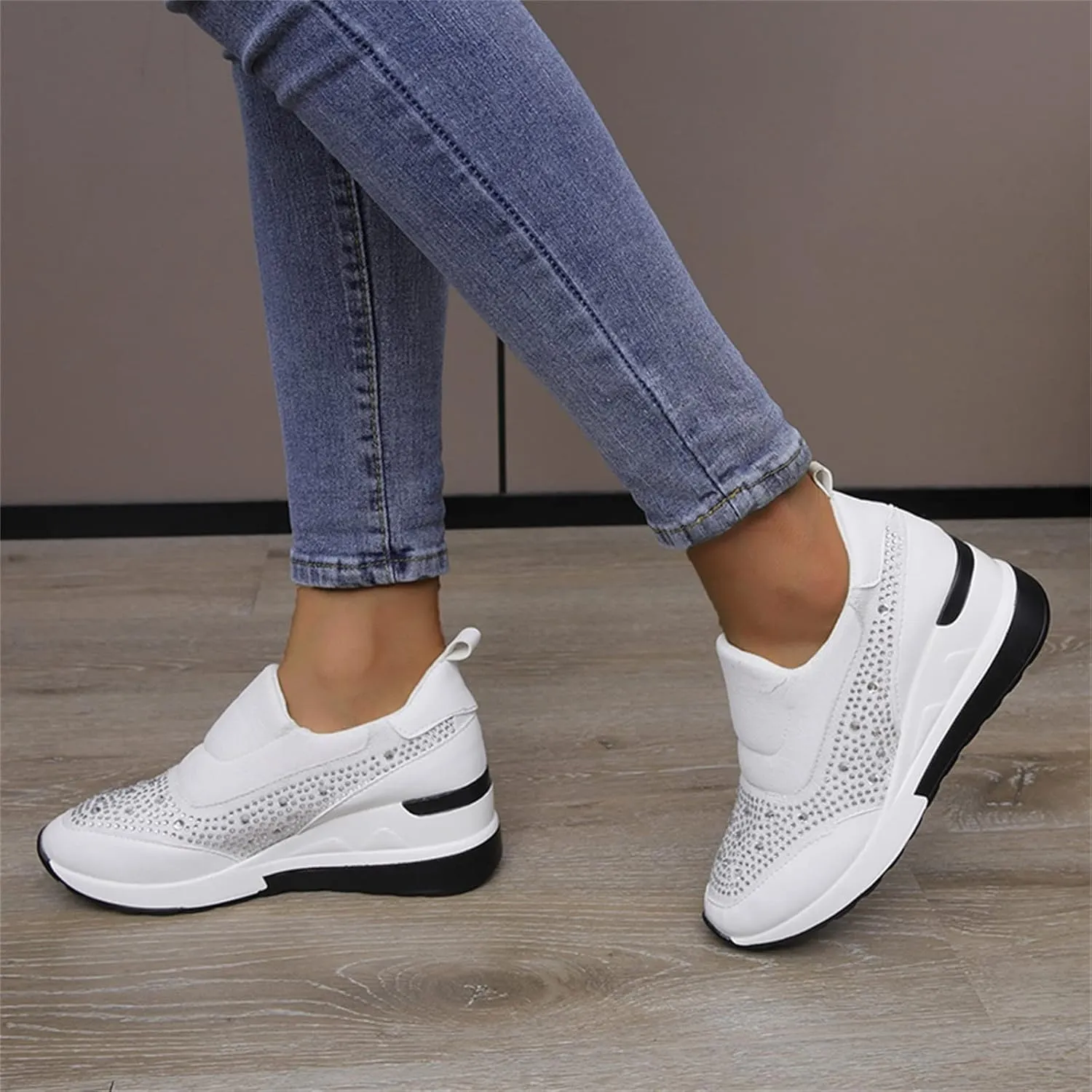 Women's Fashion Glitter Sneakers Sparkly Rhinestone Platform Wedge Shoes Mesh Breathable Slip-on Sneakers Comfortable Slip On Walking Shoes