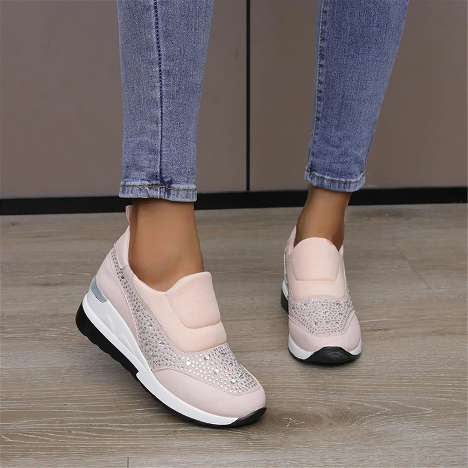 Women's Fashion Glitter Sneakers Sparkly Rhinestone Platform Wedge Shoes Mesh Breathable Slip-on Sneakers Comfortable Slip On Walking Shoes