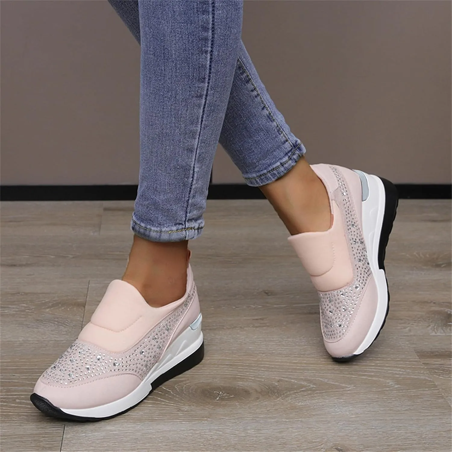 Women's Fashion Glitter Sneakers Sparkly Rhinestone Platform Wedge Shoes Mesh Breathable Slip-on Sneakers Comfortable Slip On Walking Shoes