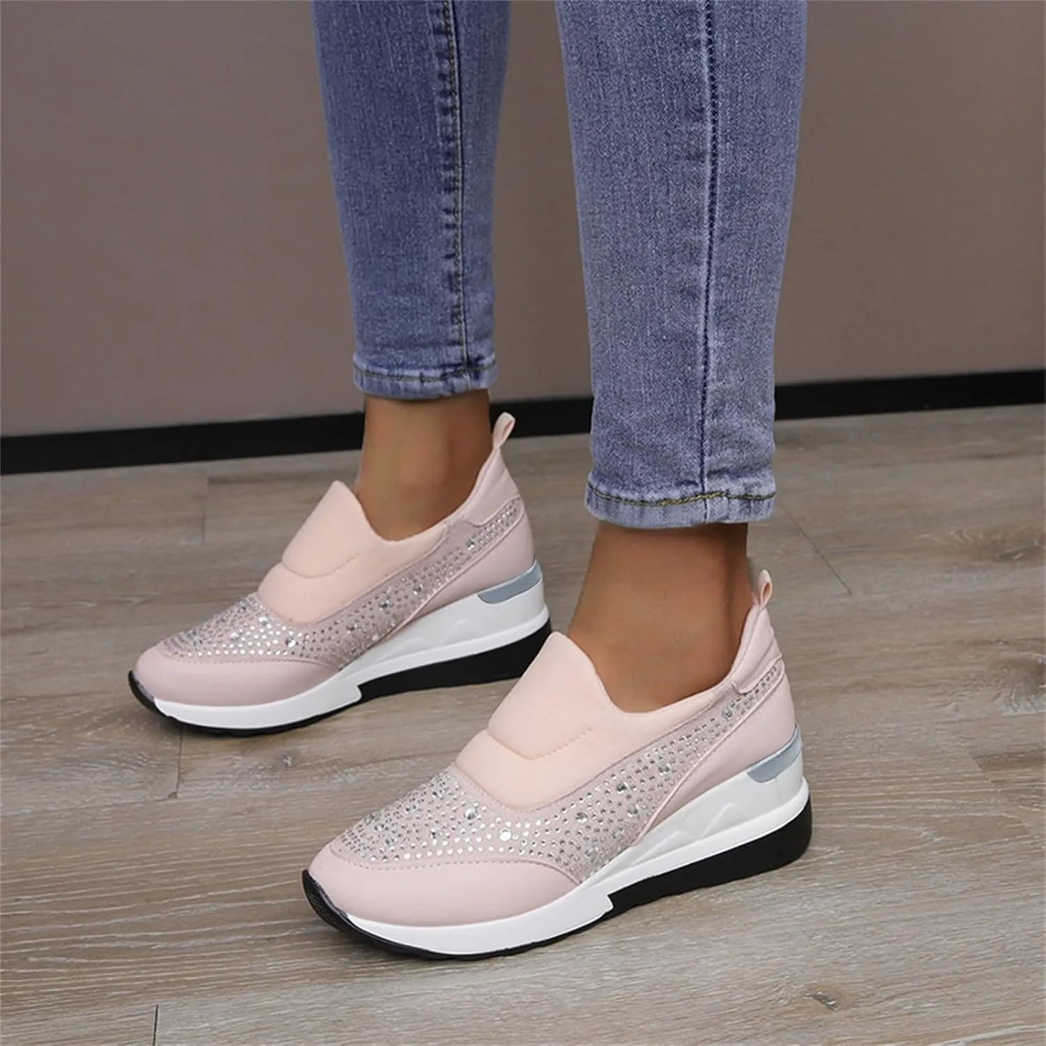 Women's Fashion Glitter Sneakers Sparkly Rhinestone Platform Wedge Shoes Mesh Breathable Slip-on Sneakers Comfortable Slip On Walking Shoes
