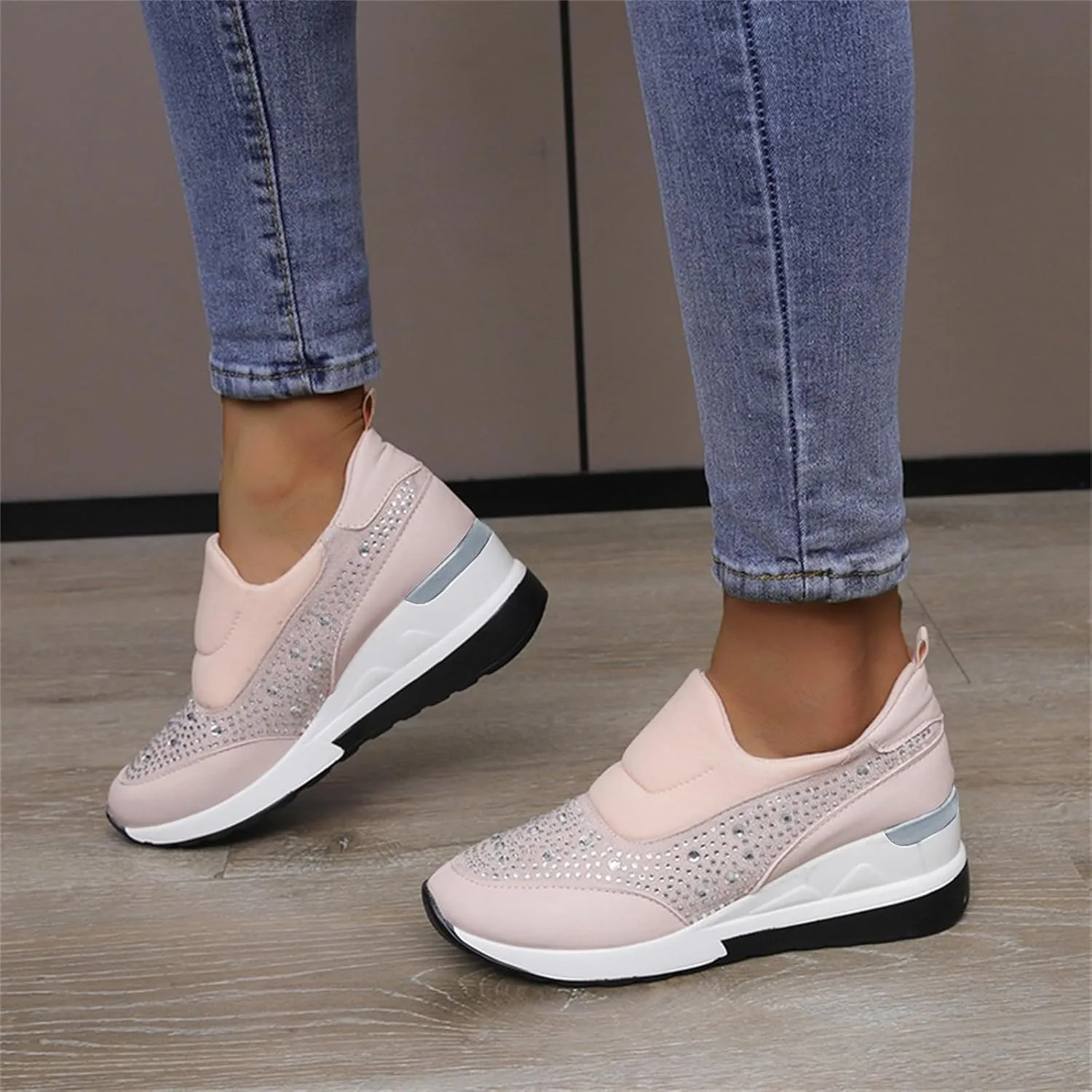 Women's Fashion Glitter Sneakers Sparkly Rhinestone Platform Wedge Shoes Mesh Breathable Slip-on Sneakers Comfortable Slip On Walking Shoes