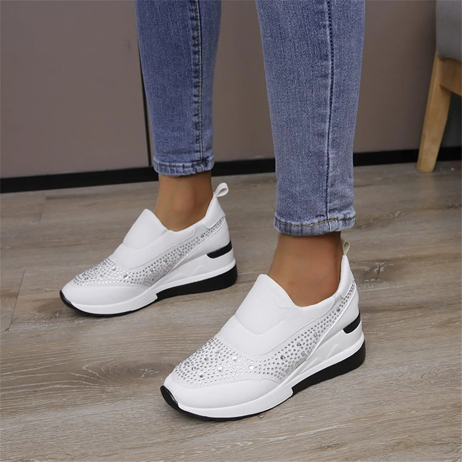 Women's Fashion Glitter Sneakers Sparkly Rhinestone Platform Wedge Shoes Mesh Breathable Slip-on Sneakers Comfortable Slip On Walking Shoes