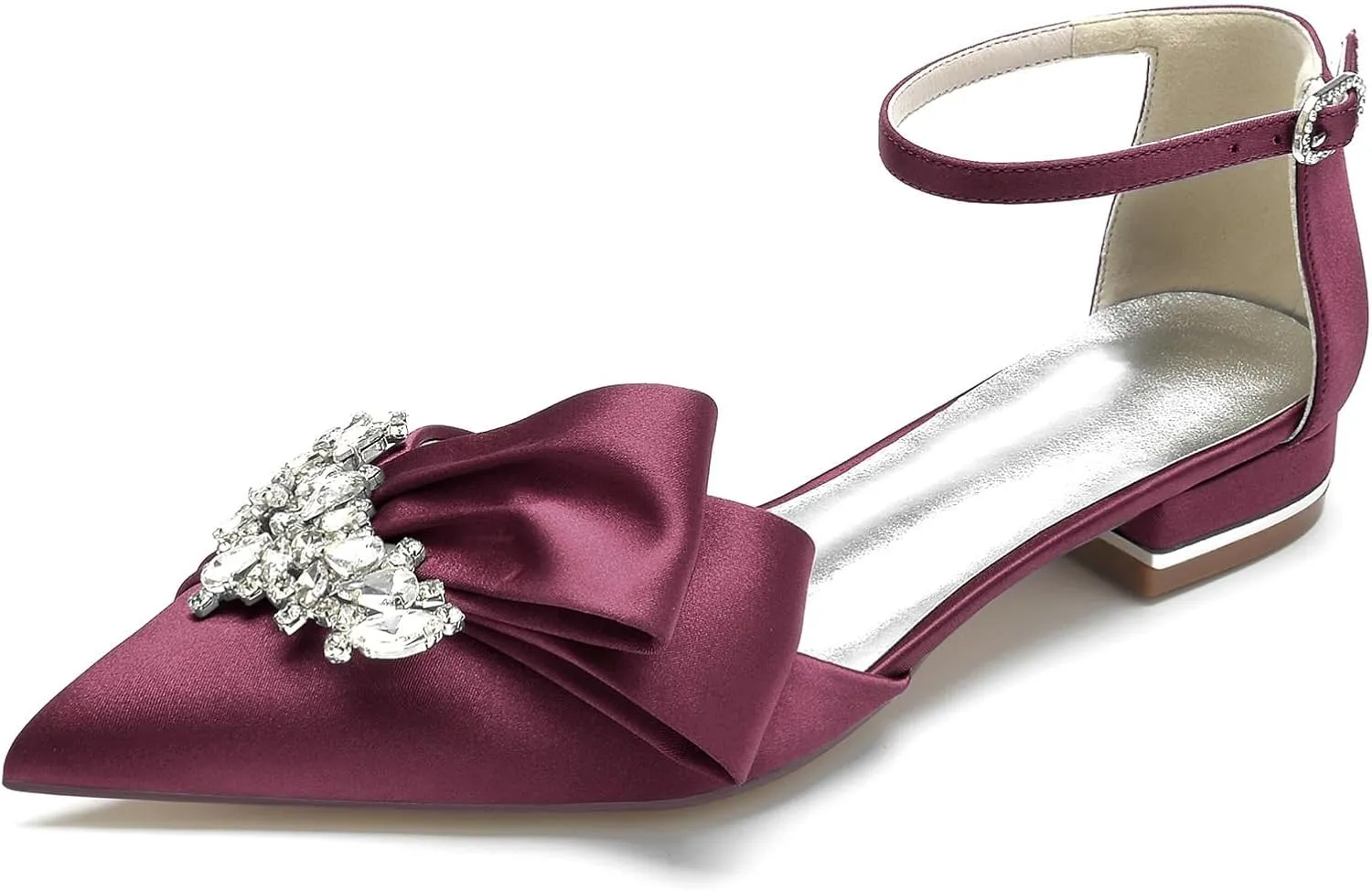 Women's Flats Pointed Toe Pumps, Diamond Low Block Heel Ankle Strap Sandals Casual Dress Wedding Flats Shoes
