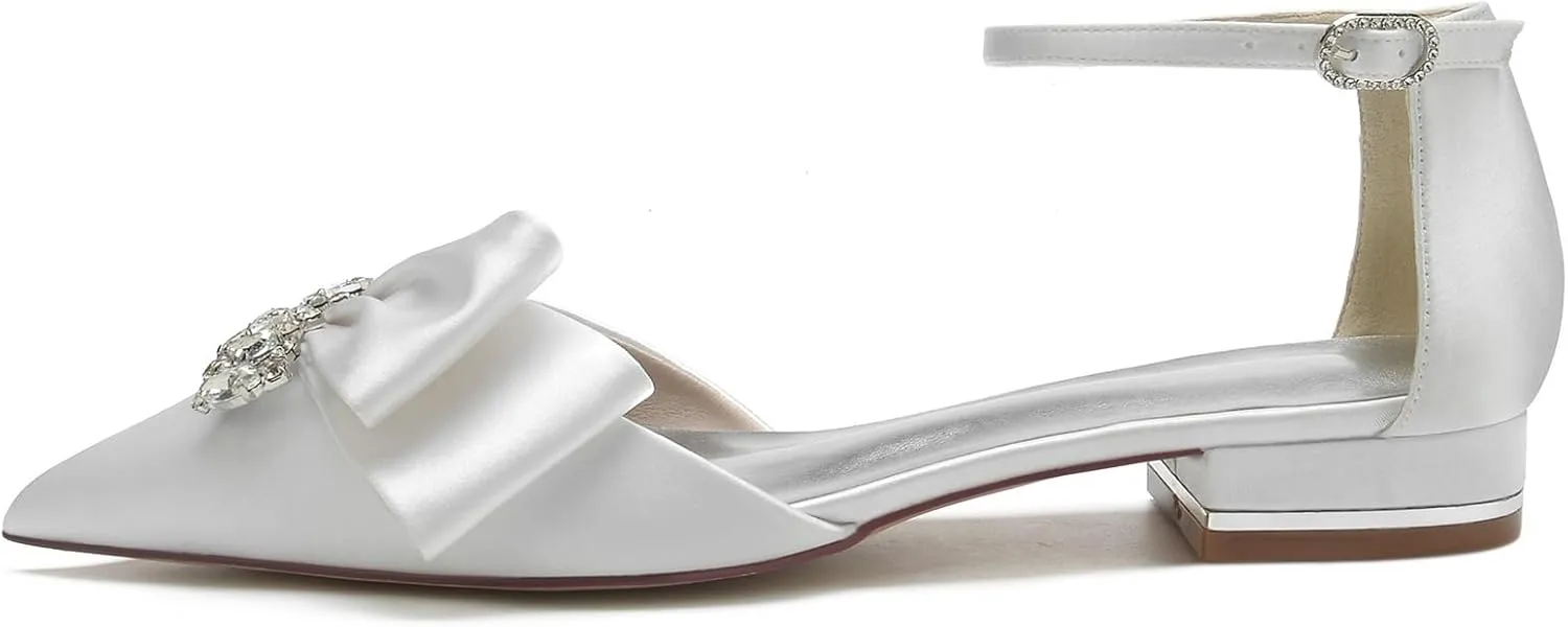 Women's Flats Pointed Toe Pumps, Diamond Low Block Heel Ankle Strap Sandals Casual Dress Wedding Flats Shoes