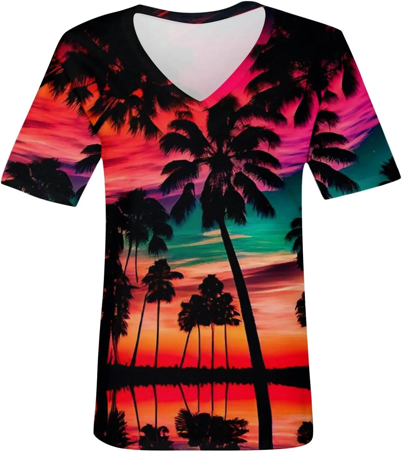 Womens Hawaiian Shirt Palm Trees Beach Graphic Tee Tops Summer Vacation Short Sleeve Tshirt Tops Casual V Neck