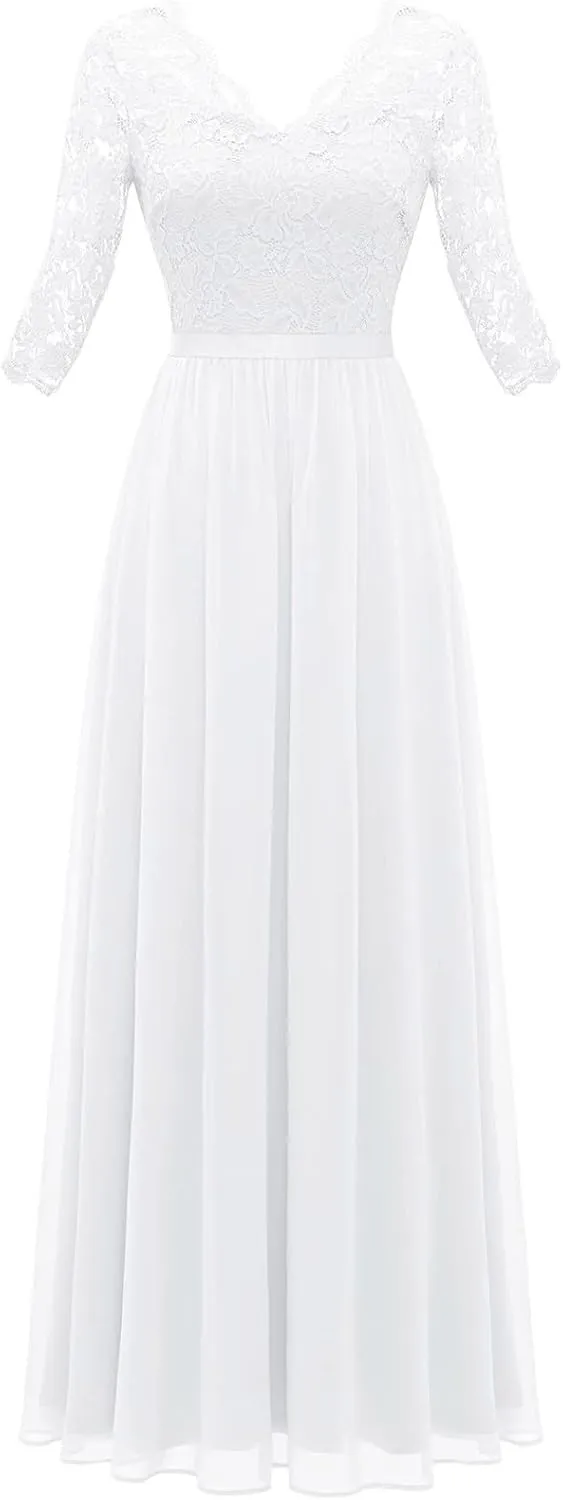 Women's Lace Applique Chiffon Bridesmaid Dress 3/4 Sleeves V Neck Elegant Formal Evening Gowns Party Maxi Dresses