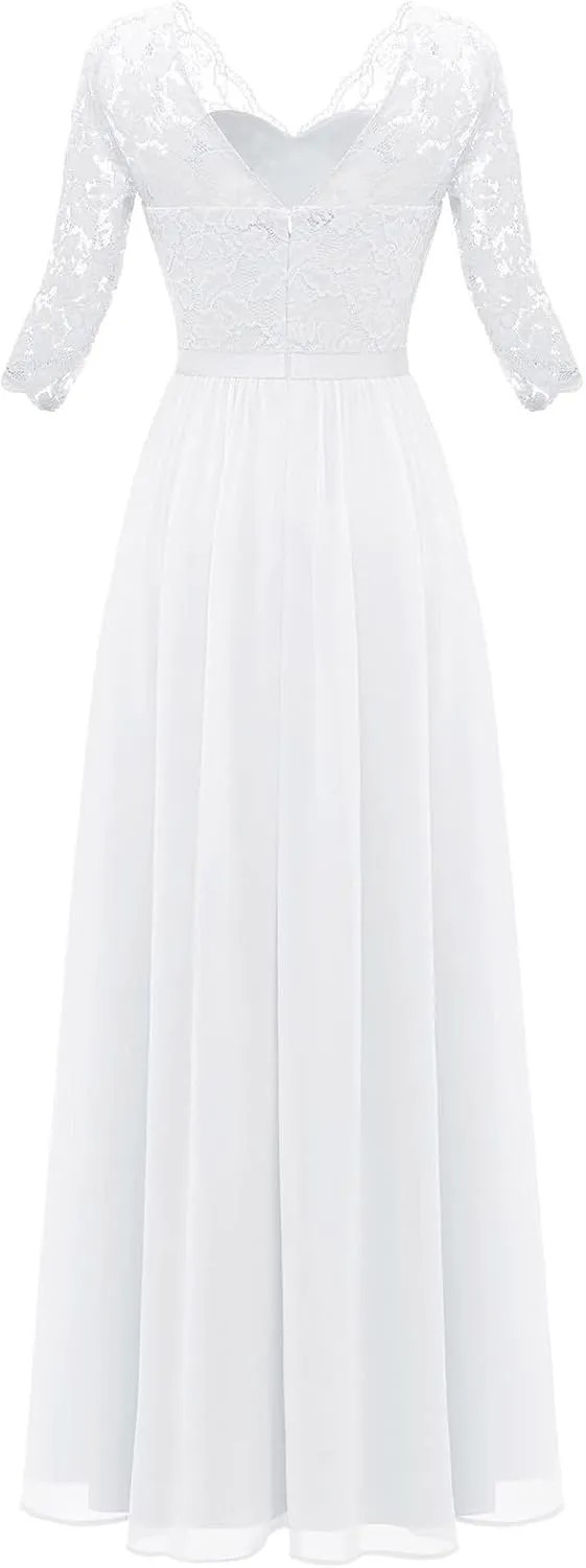 Women's Lace Applique Chiffon Bridesmaid Dress 3/4 Sleeves V Neck Elegant Formal Evening Gowns Party Maxi Dresses
