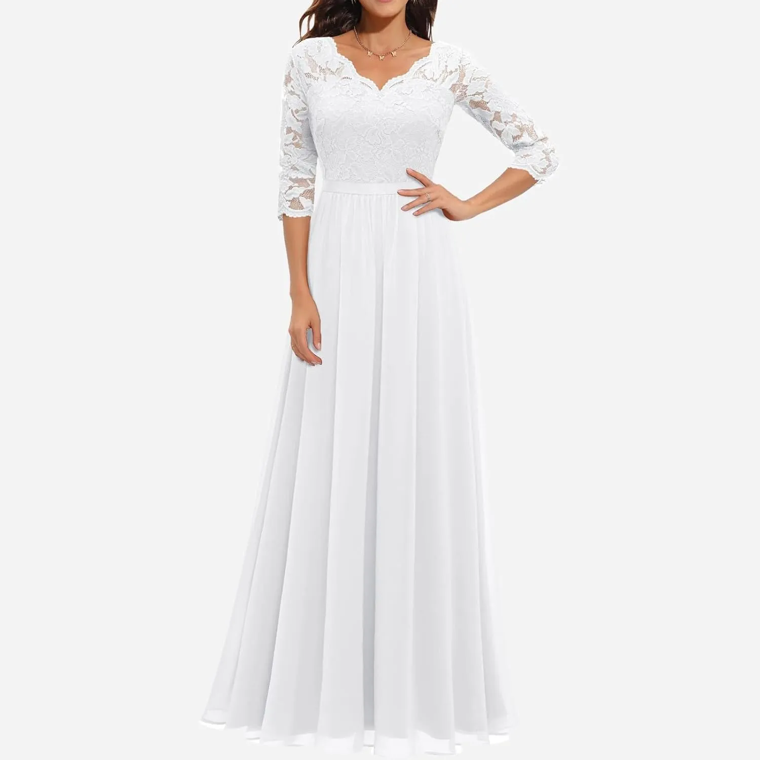 Women's Lace Applique Chiffon Bridesmaid Dress 3/4 Sleeves V Neck Elegant Formal Evening Gowns Party Maxi Dresses