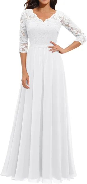 Women's Lace Applique Chiffon Bridesmaid Dress 3/4 Sleeves V Neck Elegant Formal Evening Gowns Party Maxi Dresses
