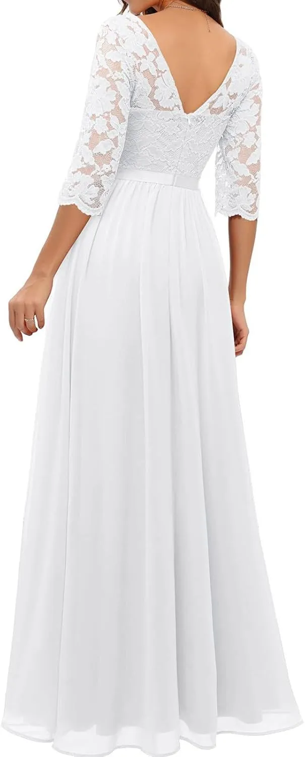 Women's Lace Applique Chiffon Bridesmaid Dress 3/4 Sleeves V Neck Elegant Formal Evening Gowns Party Maxi Dresses