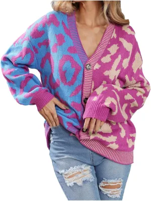 Womens Leopard Print Knit Cardigan Open Front Knit Cardigan Button Sweater Coat Long Sleeve Jacket Outwear Purple