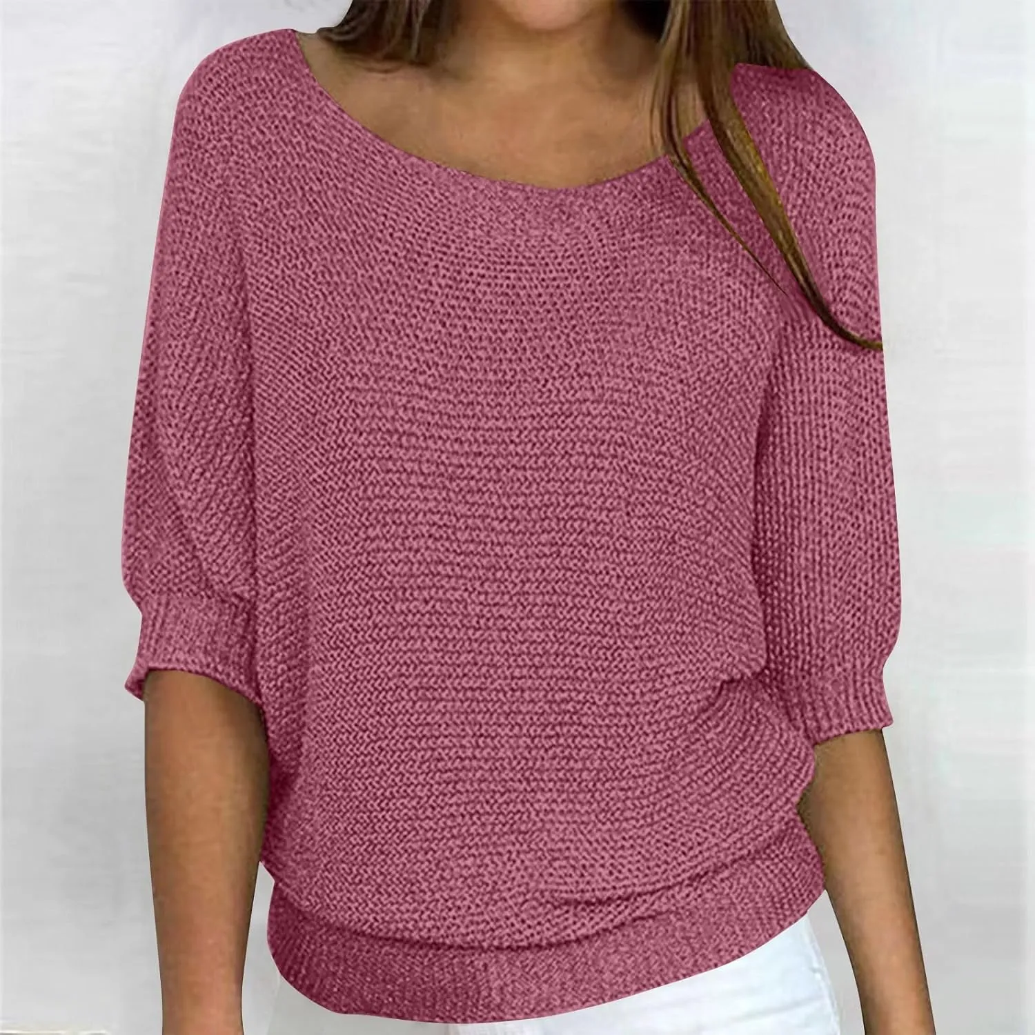 Womens Lightweight Sweater Casual Half Sleeve Pullover Tops Round Neck Shirts Ribbed Knit Blouse Loose Fit Tunics